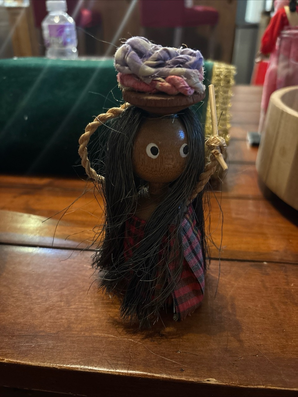Vintage Handmade Wooden Folk Art Doll Plaid Dress Long Black Hair Primitive